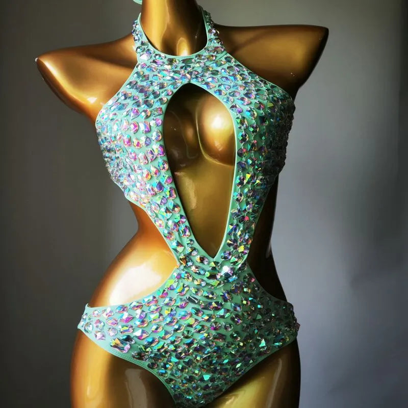 Women's one-piece swimsuit with diamond mesh design in Army Green colour