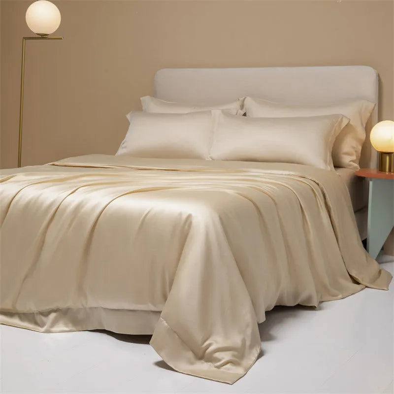 Lenzing Tencel 200 thread count bedding set in satin weave showing Aurora Blue quilt cover and pillowcases