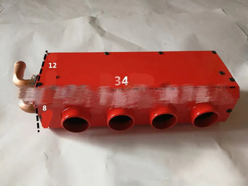 Metal car heater with copper pipe connections for 12V and 24V vehicle systems.