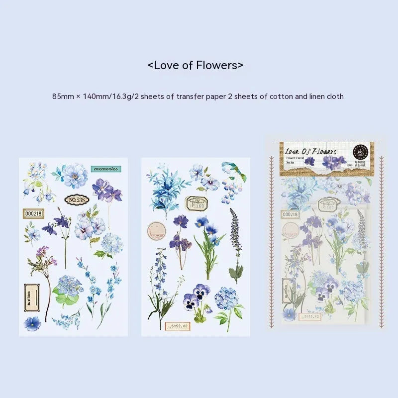 Huazhisen Series forest art style sticker pack showing 85x180mm transfer paper sheets with floral and forest designs