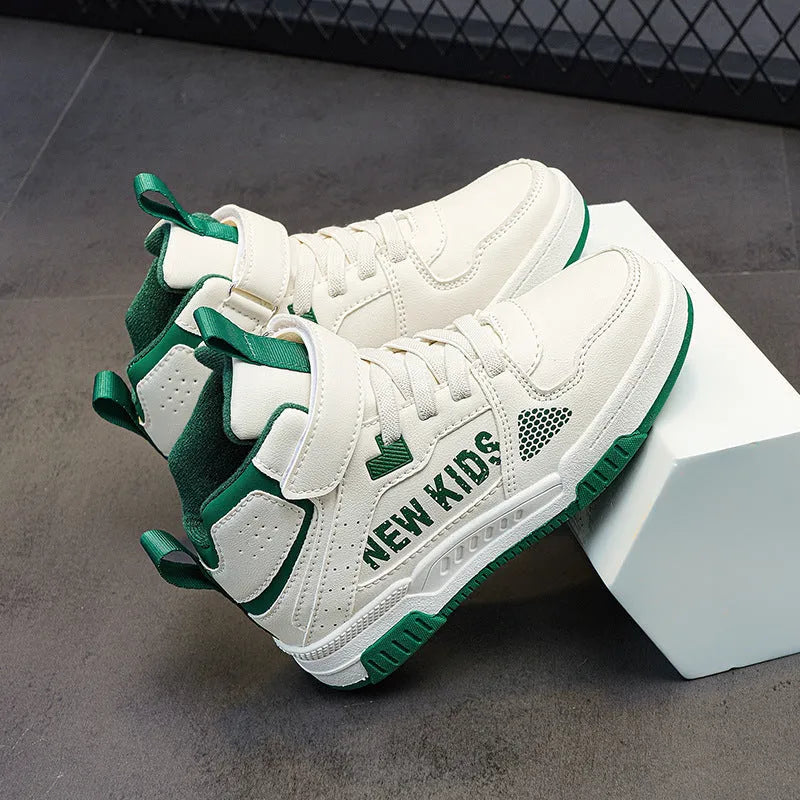 Children's street sneakers with letter pattern PU upper and rubber sole showing buckle closure
