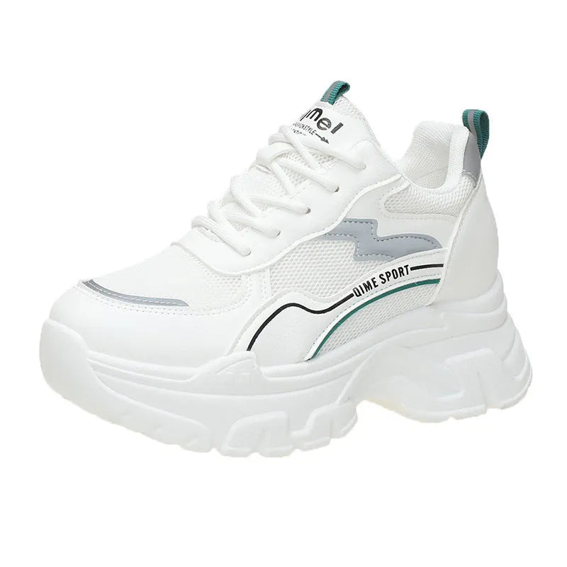 White women's dad shoes with cross shoulder straps, lace-up front, and a breathable mesh upper.