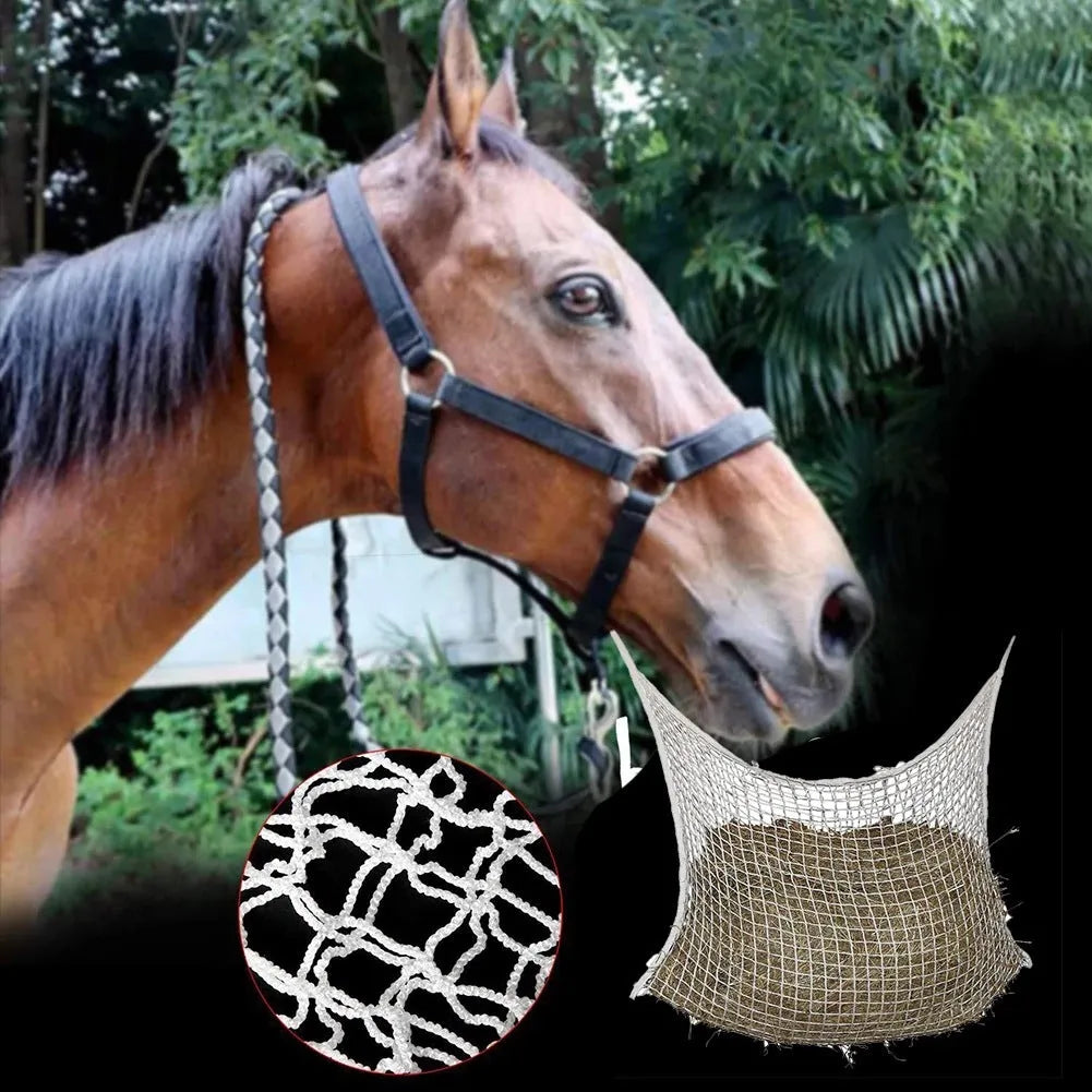 Woven grid horse hanging feeding bag in black colour with PE rope construction