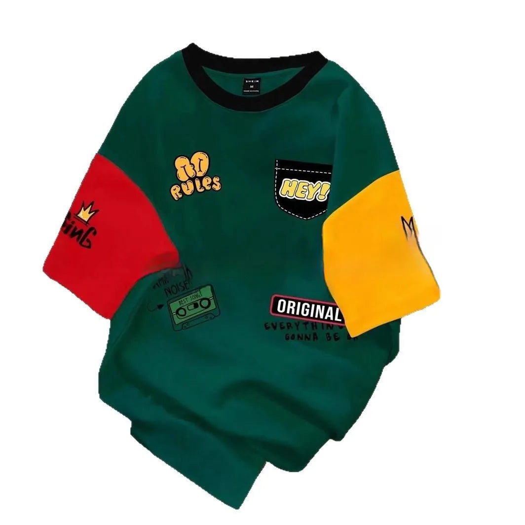 Men's printed casual T-shirt with letters pattern design and trendy colour matching