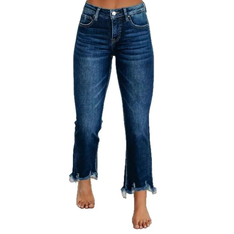 Women's solid colour denim jeans with hand-sanded distressing in dark blue and light blue colour options
