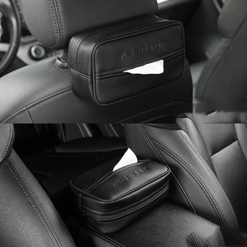Black PU leather hanging storage box with dimensions for car organisation.