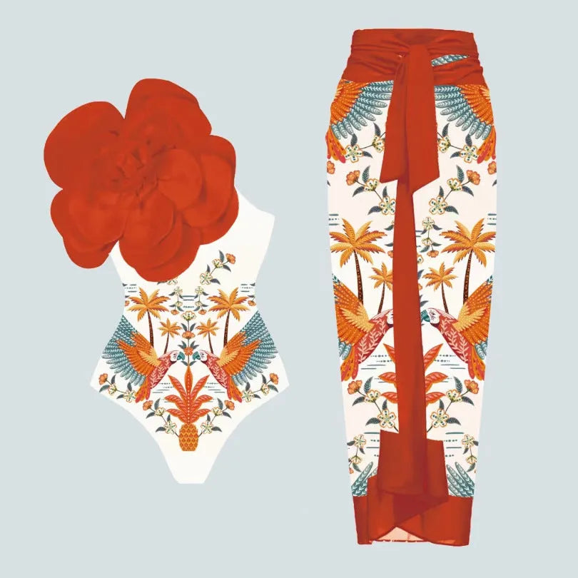 Women's floral print one-piece swimsuit with matching cover-up dress in polyester fabric