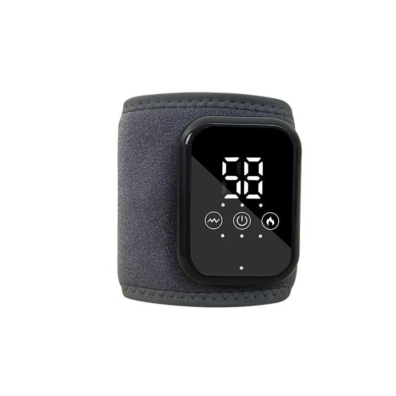 Black electric heating ankle sleeve wrapped around ankle showing elastic construction