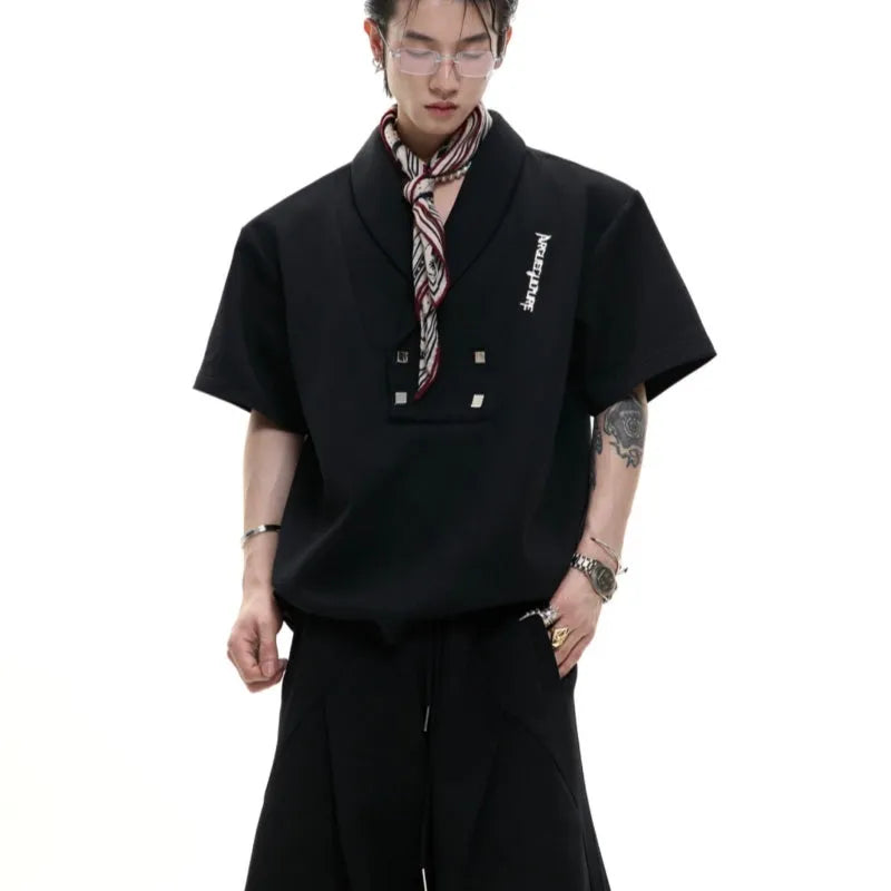 Men's dark gray V-neck cotton sports suit with metal embellishments on t-shirt and matching shorts