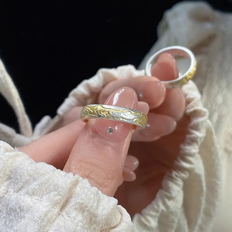 White copper adjustable ring with geometric Xiangyun cloud pattern and electroplated silver-gold finish