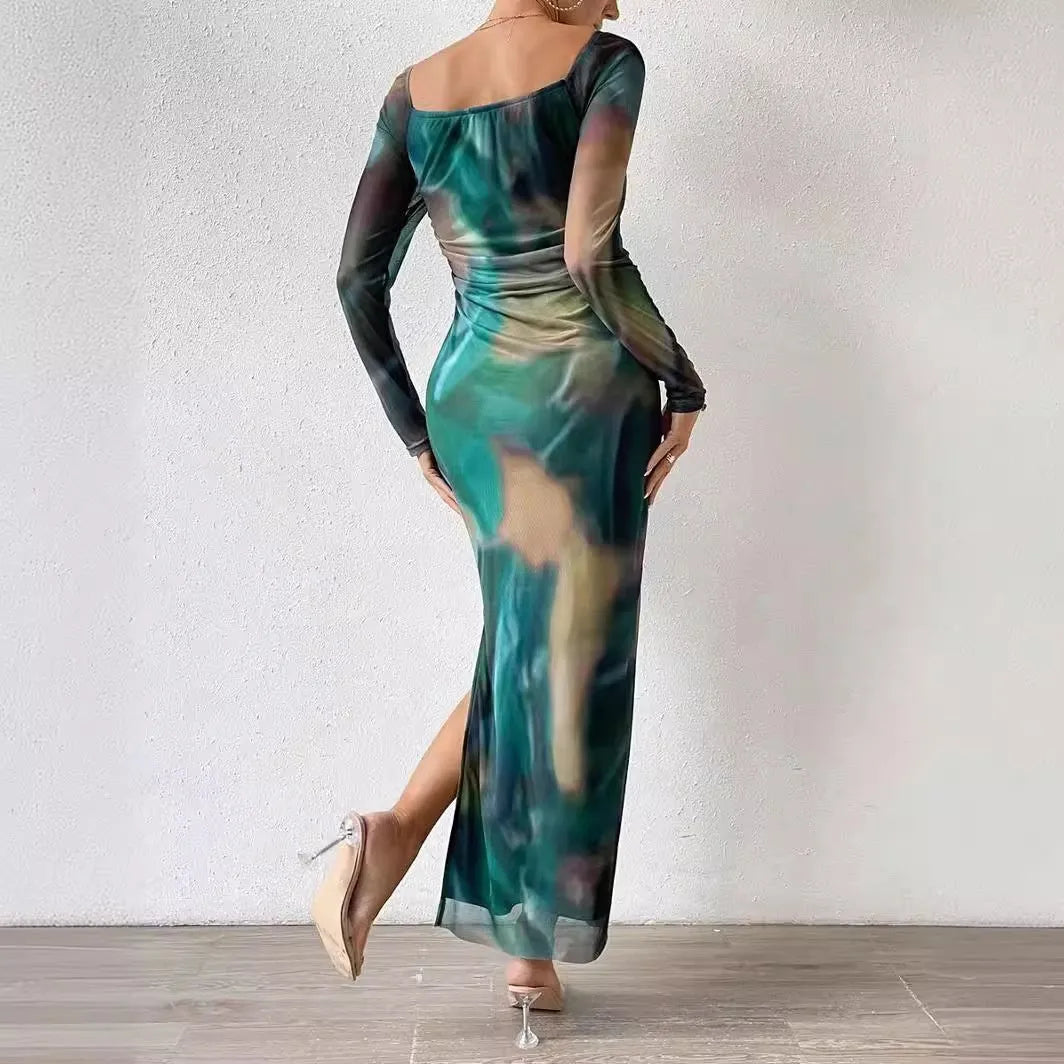 Women's green printed pleated mesh fishtail dress with square collar and thigh split