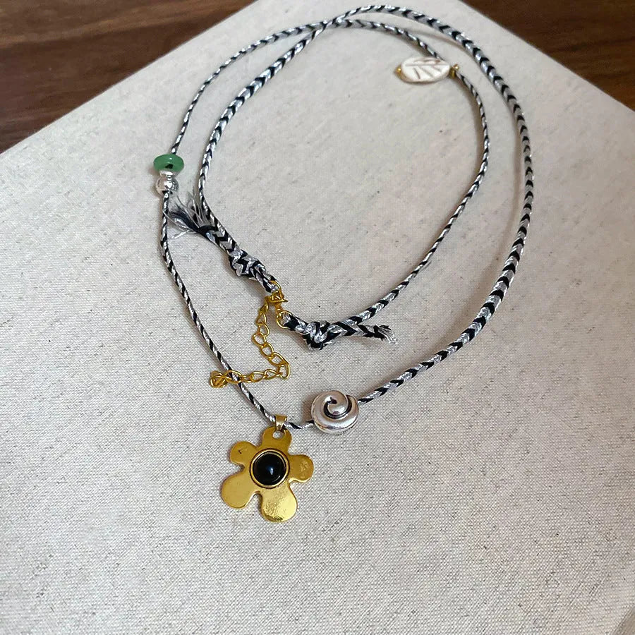 Women's stone shell beaded flower pendant necklace with adjustable 51-60cm alloy chain