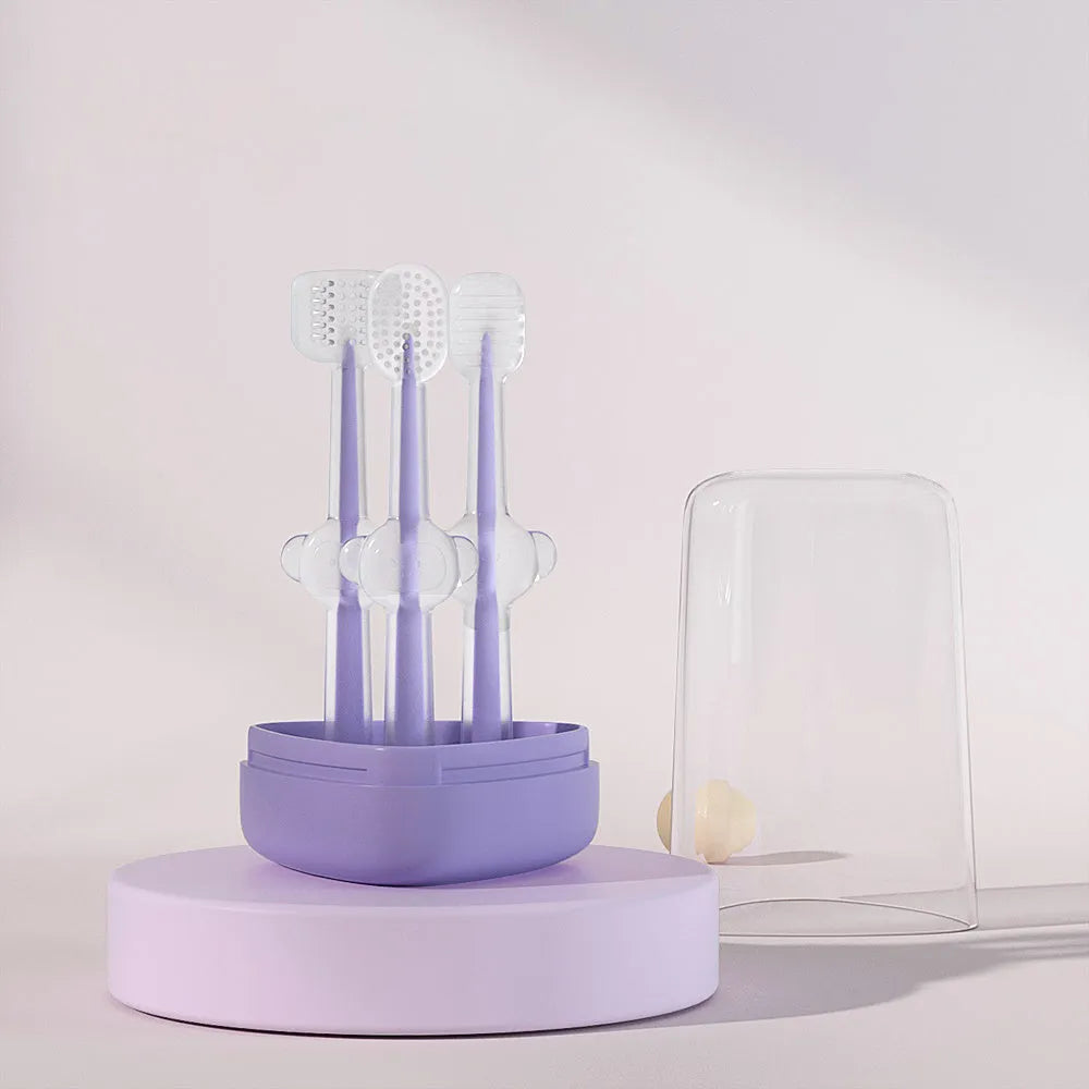 Purple silicone pet toothbrush for cats and dogs with soft bristles for tartar removal
