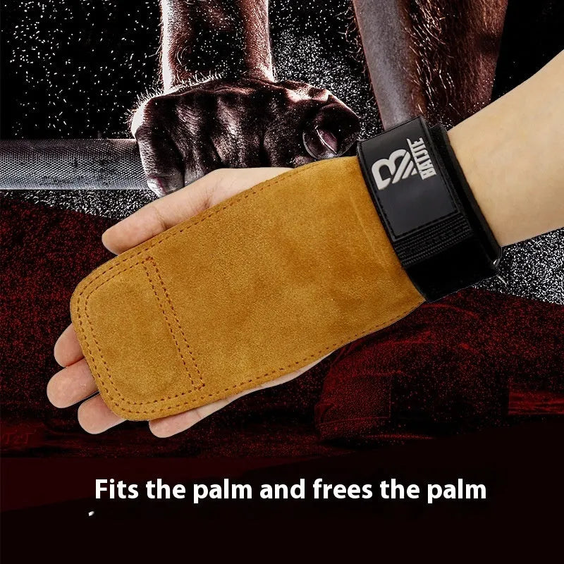 Brown leather wrist protectors for horizontal pull-up bar exercises with adjustable fastening