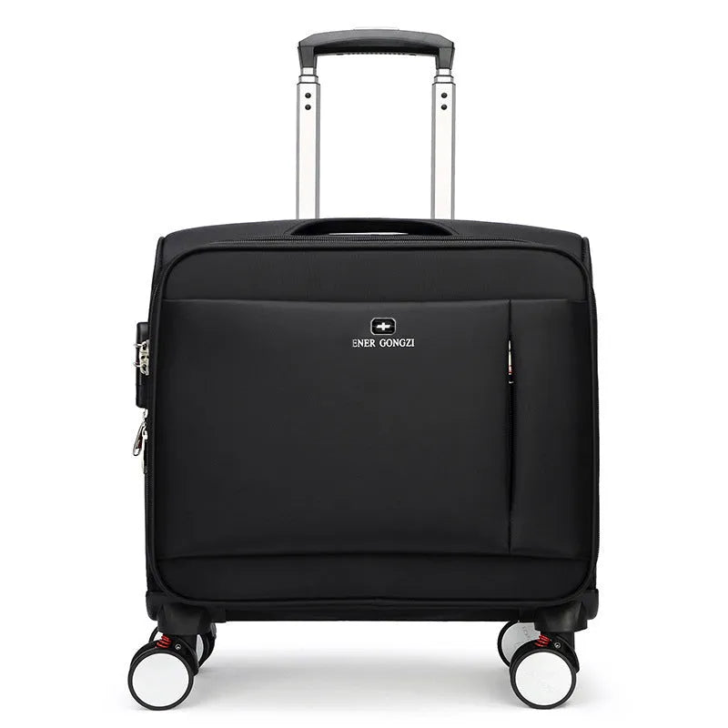 Black 18-inch Oxford cloth carry-on suitcase with retractable trolley handle and universal wheels.
