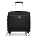 Black 18-inch Oxford cloth carry-on suitcase with retractable trolley handle and universal wheels.