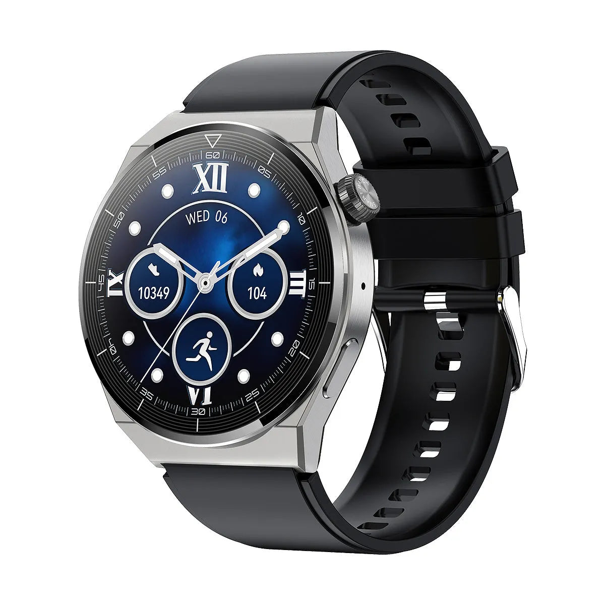 Round Bluetooth smart watch with NFC and calling functions on silicone band
