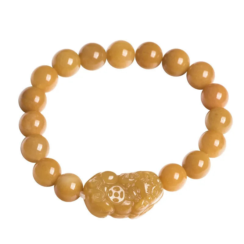 Golden thread Jinsi Jade money bracelet with carving details shown in two size variations