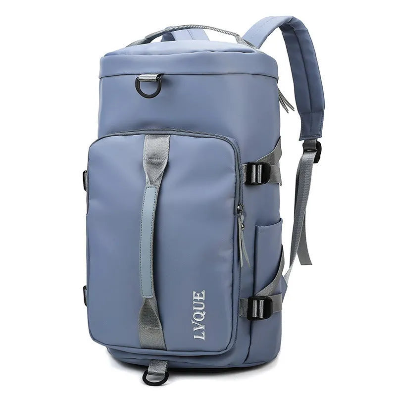 Waterproof nylon gym backpack with combination lock showing shoe compartment and multiple pockets