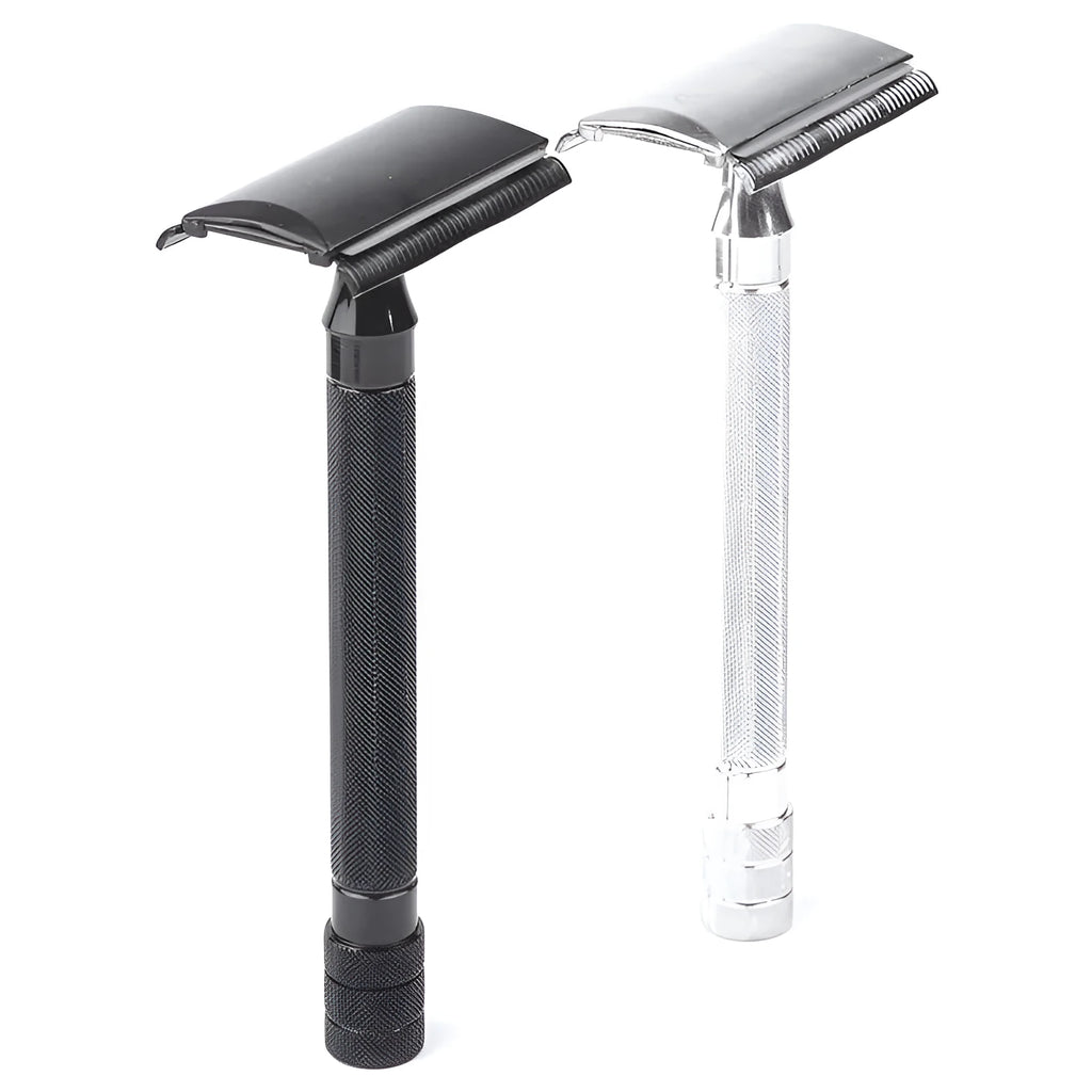 Traditional manual shaving razor with brush set in black or silver finish