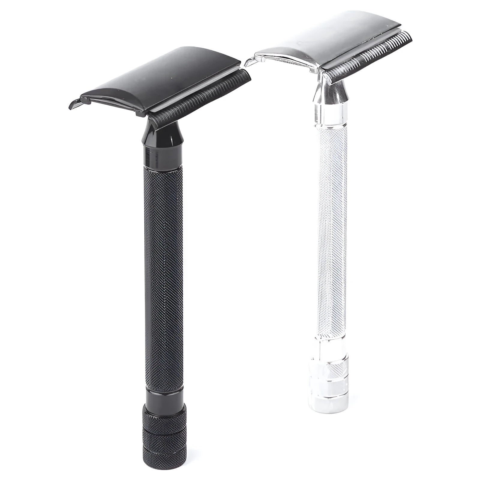 Traditional manual shaving razor with brush set in black or silver finish