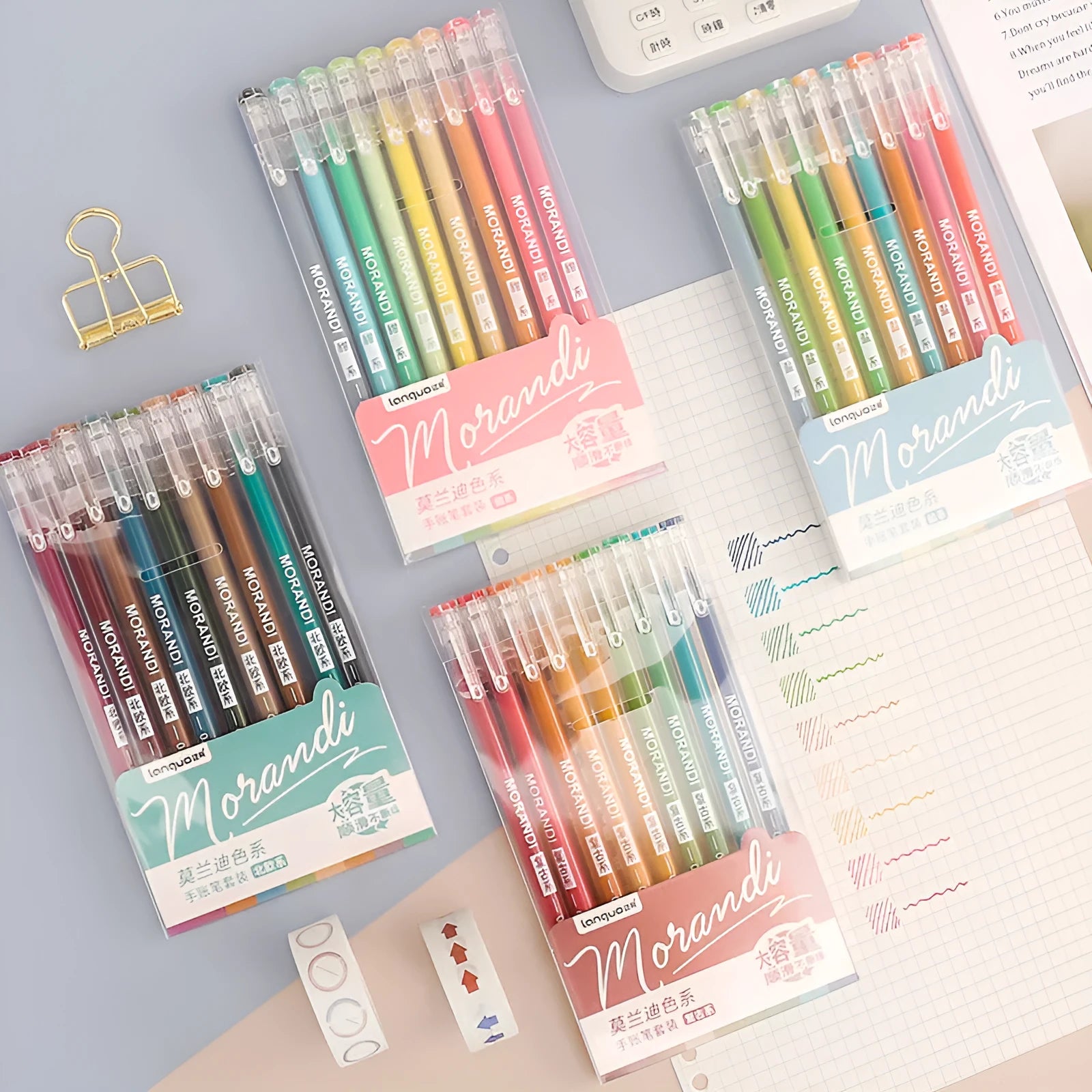 Retro style gel pen set with nine 0.5mm needle tip pens in plastic case measuring 15.2x8.5cm