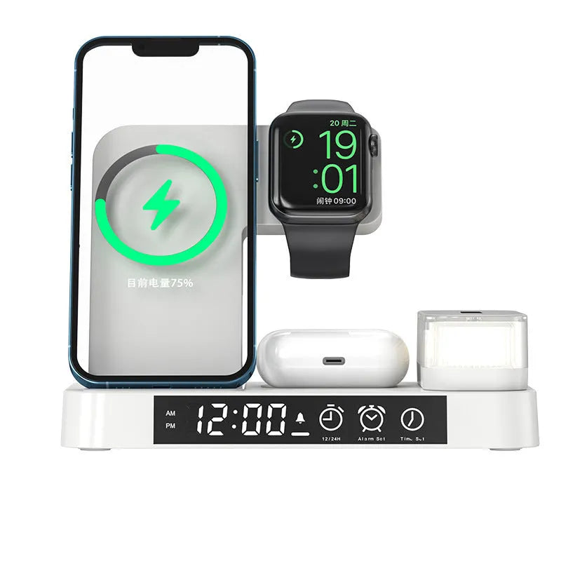 White foldable wireless charging station showing phone charging pad, watch charger, alarm clock display and RGB night light