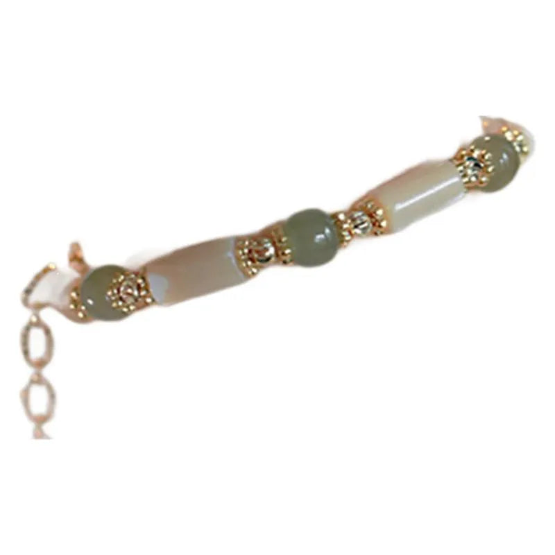 Natural Hetian jade white lip shell bracelet for women with round beads and simple geometric style