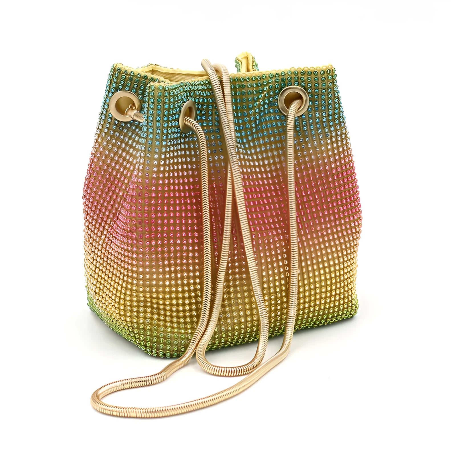 Colourful rhinestone fabric bucket bag with a sparkling jewelled shoulder strap on a white background