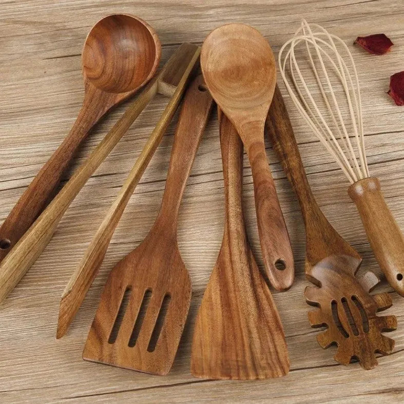 Wooden cooking utensils seven-piece set with spoon and shovel tools for non-stick pans