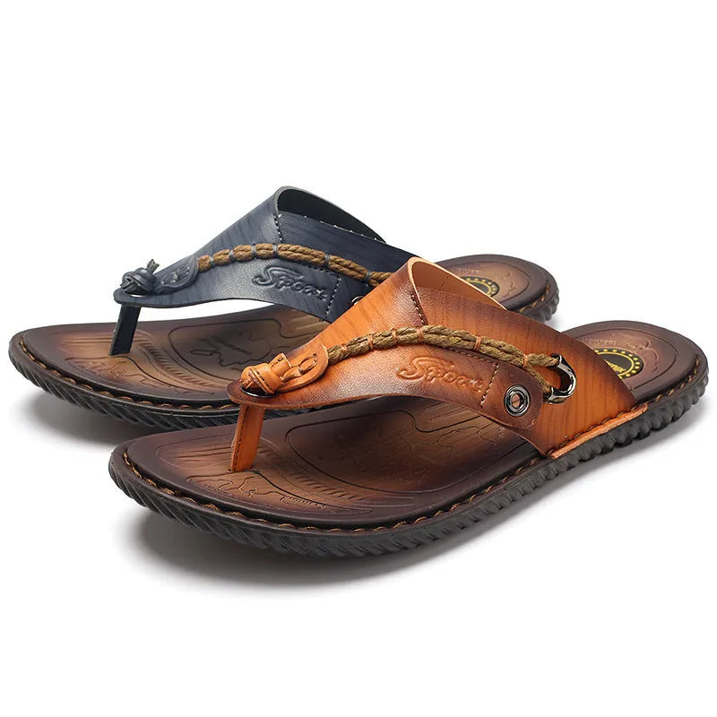 Men's plus size herringbone pattern outdoor slippers in dark blue and khaki with leather lining
