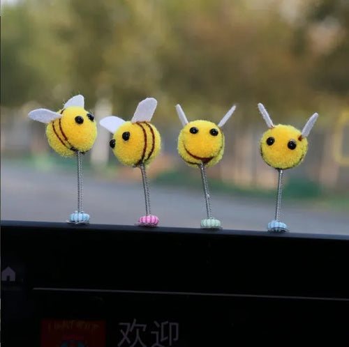 Small yellow and black cartoon bee car decoration with fur ball material, 3x3cm size