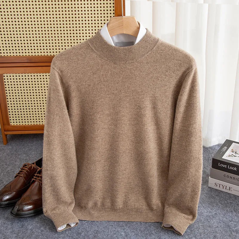 Men's loose fit half-turtleneck wool sweater in a neutral colour on a hanger.