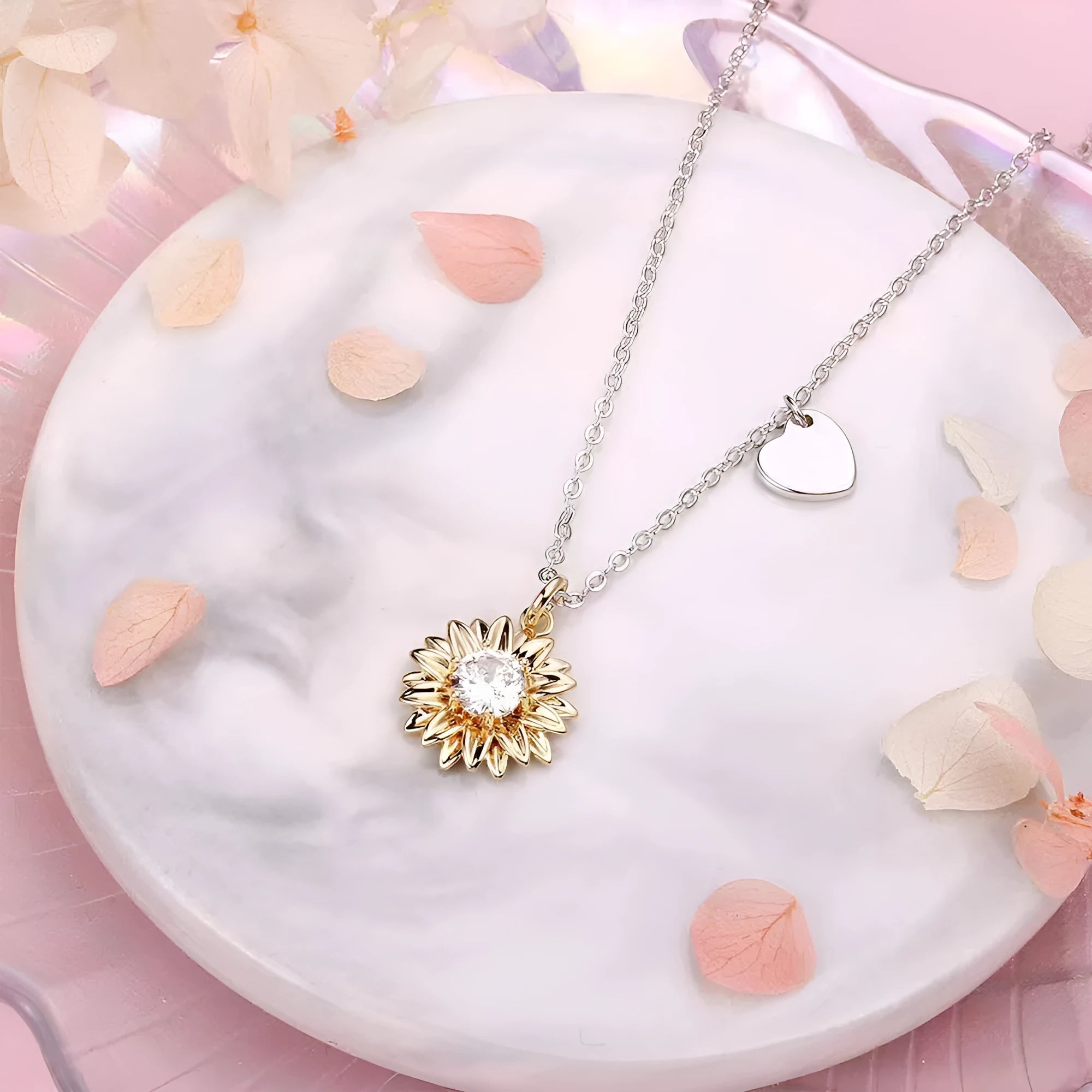 925 silver sunflower necklace with daisy petal pendant on adjustable cross chain, 21-50cm length