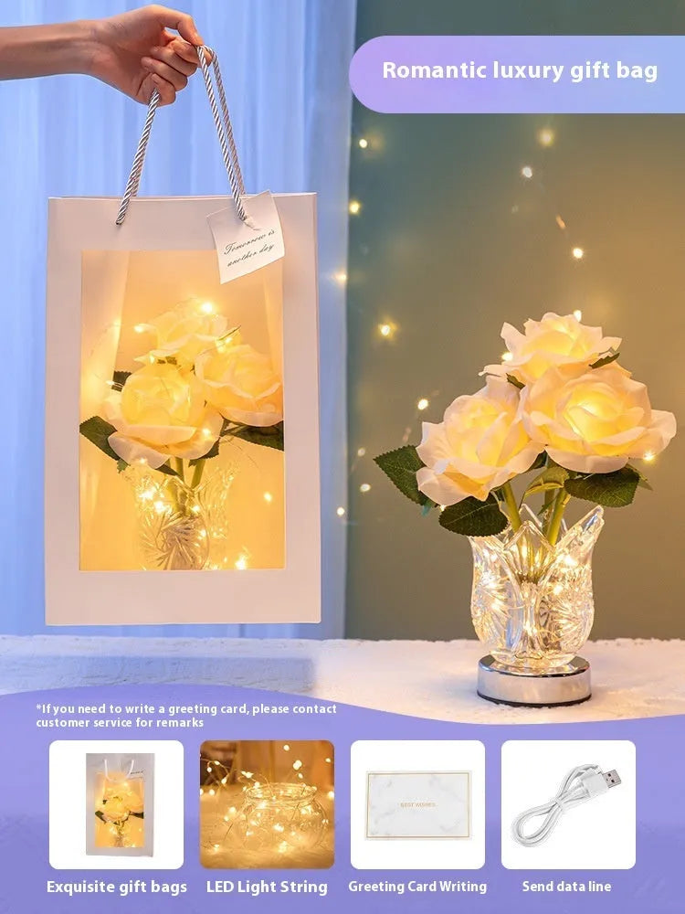 Crystal flowers decorative touch table lamp with USB charging cable on wooden bedside table