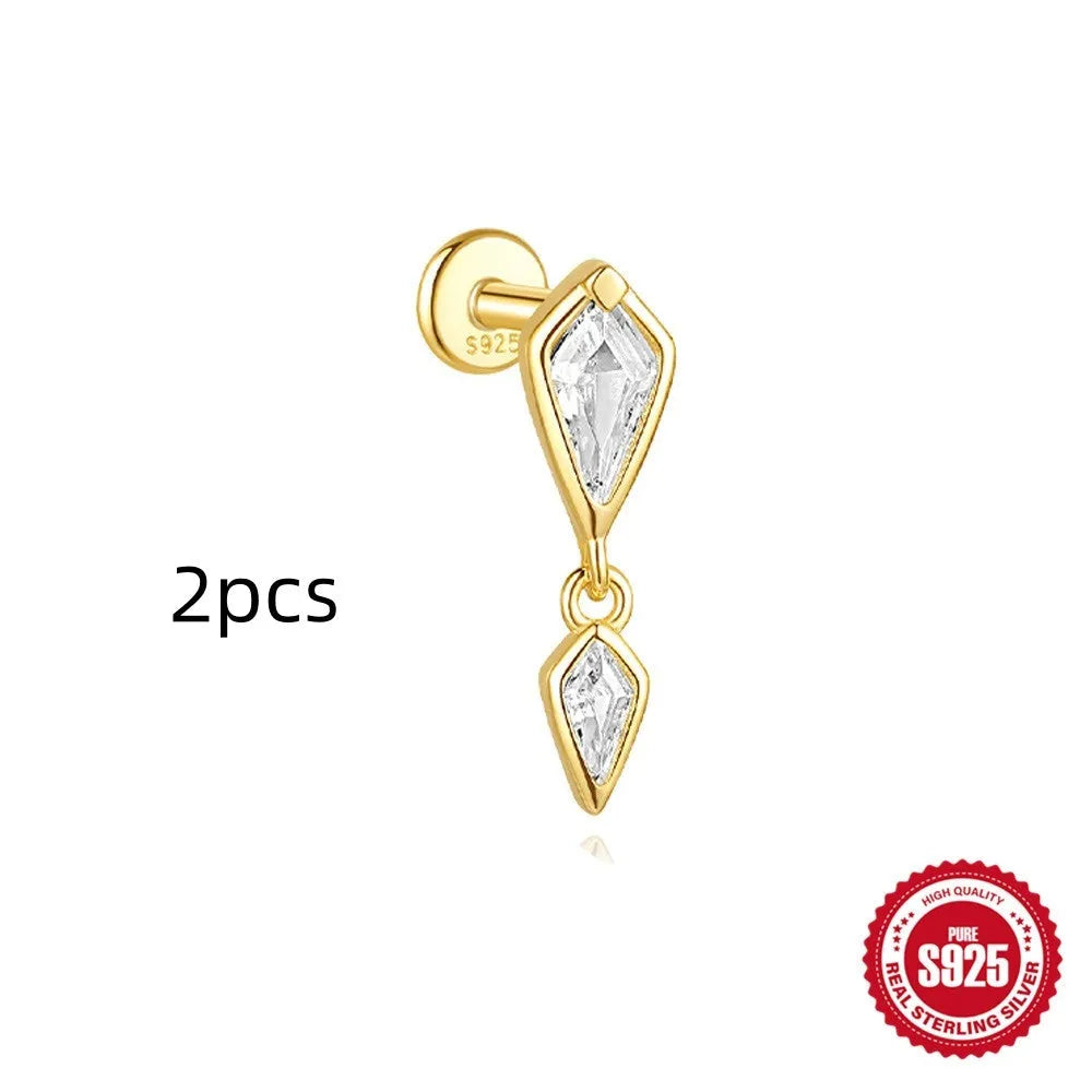 S925 sterling silver geometric kite-shaped earring with rhinestone chain tassel in a gold colour finish.