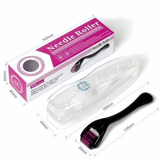 Black and purple derma rollers with titanium microneedles showing sizes from 0.20mm to 1.0mm