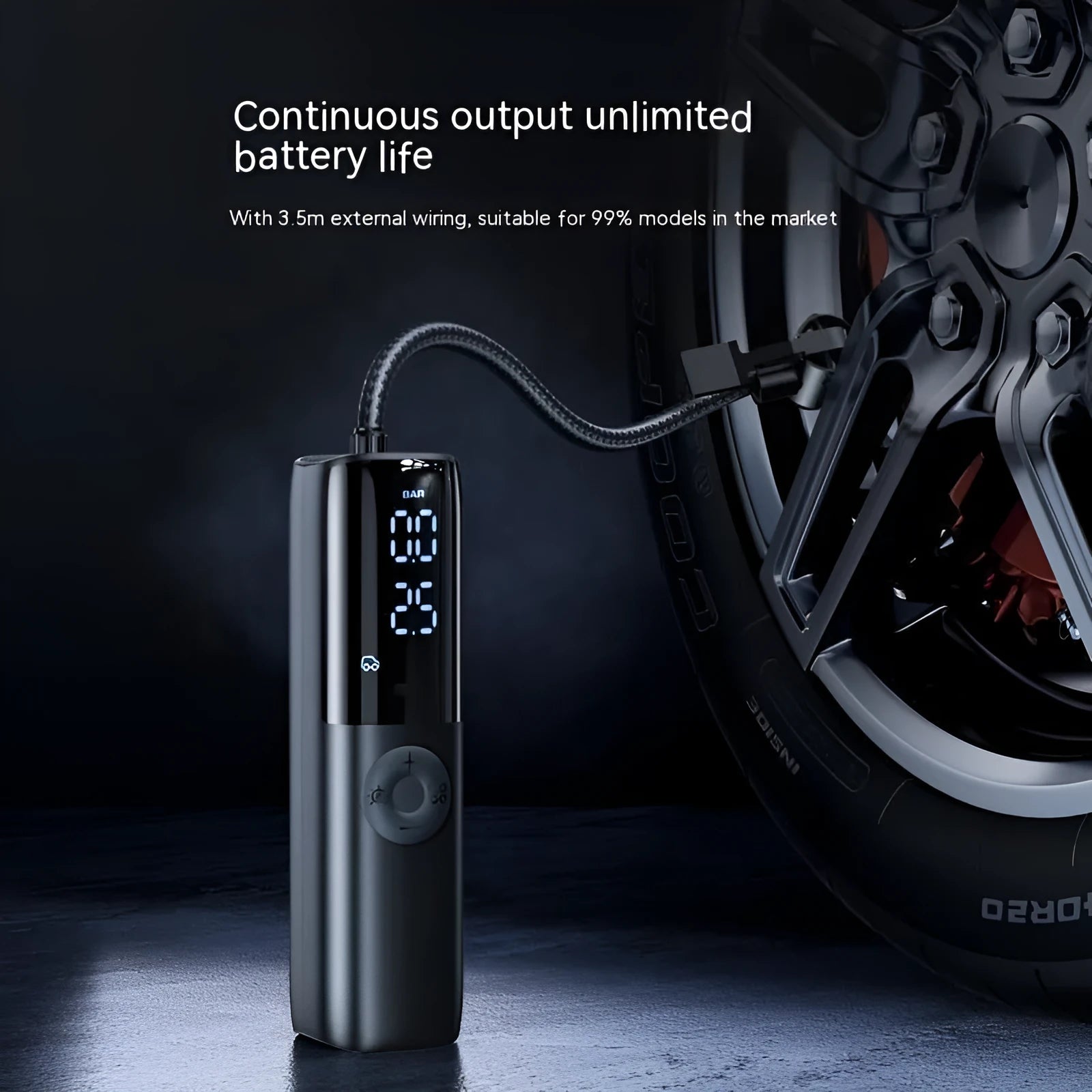 Black portable electric car air pump with tyre pressure gauge and plug-in cord
