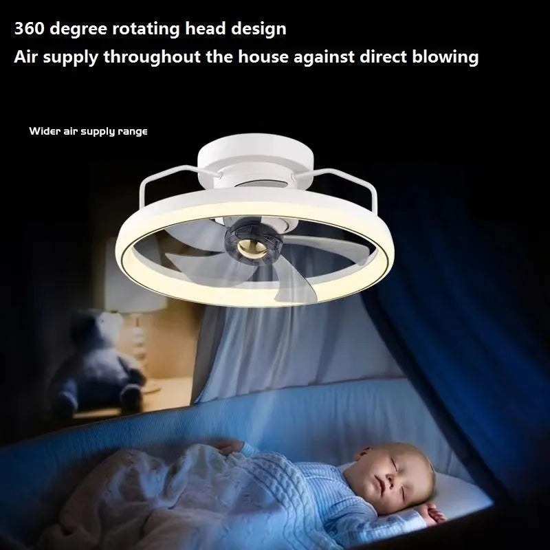 Modern ceiling fan light with light on, showing white PC blades and acrylic lampshade