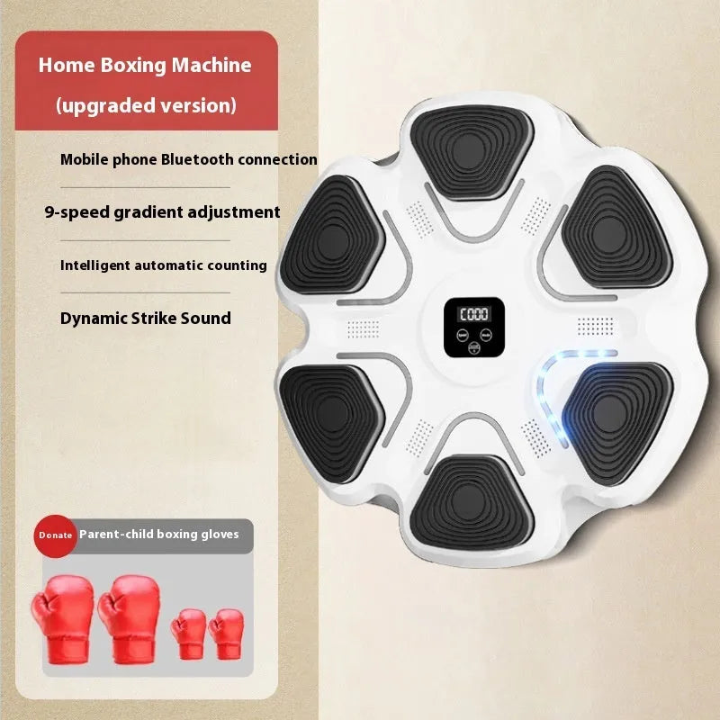 Smart electronic boxing target mounted on a wall, with black and white boxing gloves for reaction training.