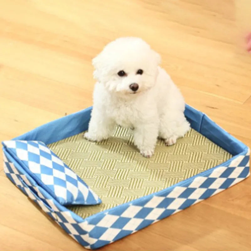 Blue rattan cat bed mat in size L (70x50cm) for a sleeping cat