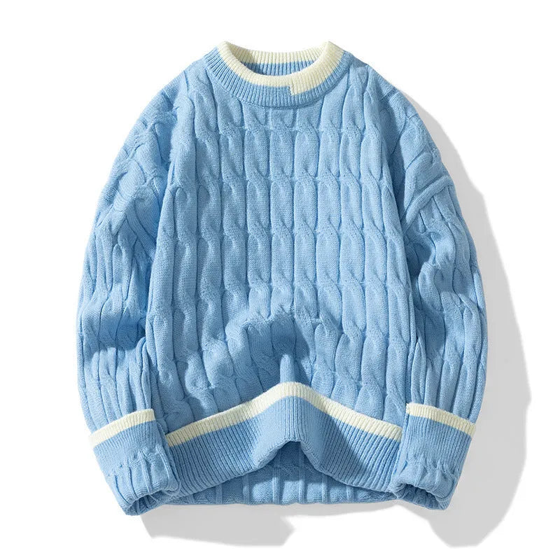Men's loose fit modal acrylic blend pullover sweater in light blue colour for autumn and winter.