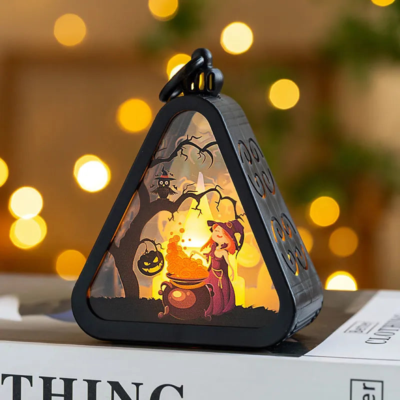 Portable Halloween pumpkin lamp decoration in four colours measuring 8.9 by 5.2 by 11.5 centimetres