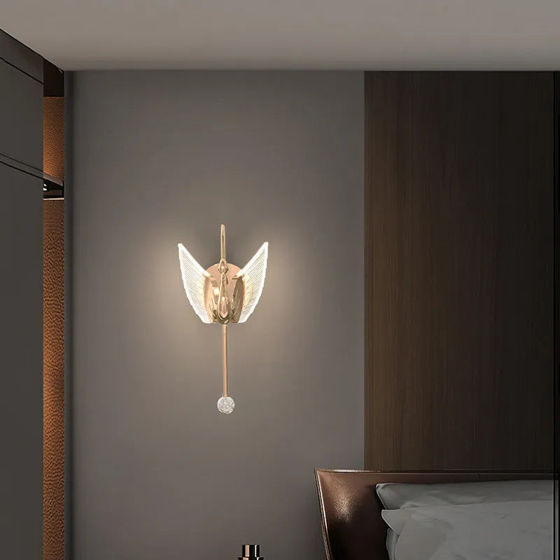 Gold modern swan bedside wall lamp with acrylic shade and dimming control