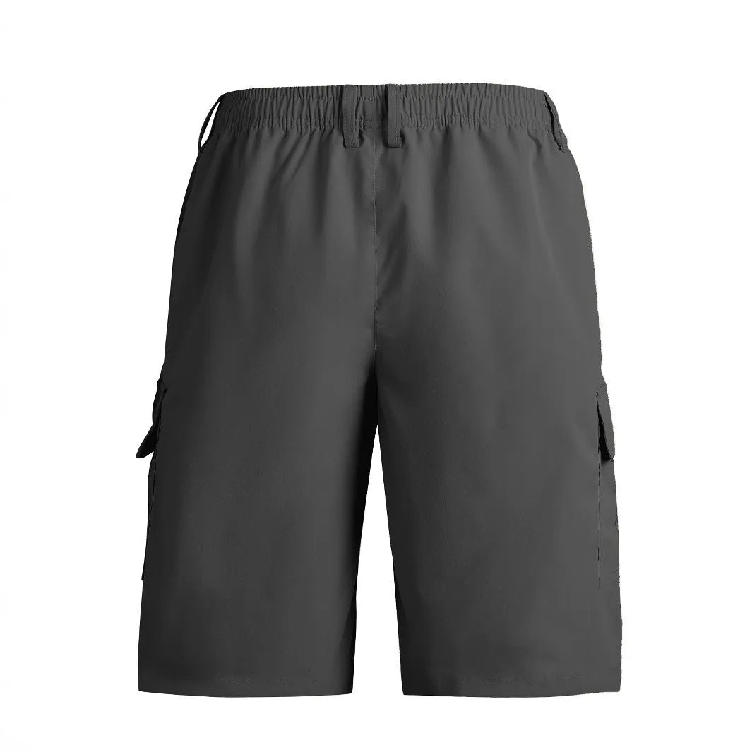 Man wearing straight-leg casual shorts in khaki colour, showing the relaxed fit and shorts length