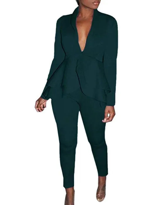 Women's white polyester business casual uniform set with ruffle blouse and pencil pants on a hanger.