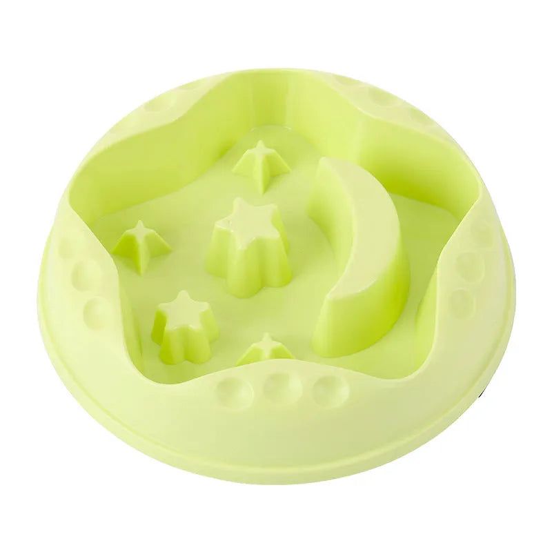 Moon Star Wings pattern slow feeder dog bowl in blue, grey, green, pink, or yellow with non-slip base