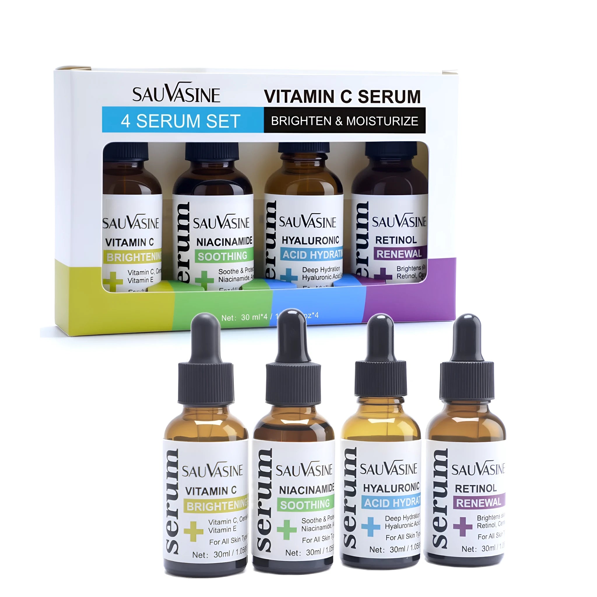 Vitamin C skincare four piece set with cleanser, toner, serum, and moisturiser bottles