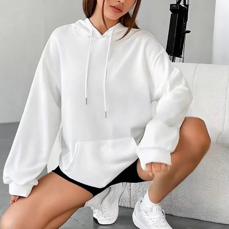 Women's loose fit gray sweatshirt with drawstring waist and front pockets, long sleeve casual top