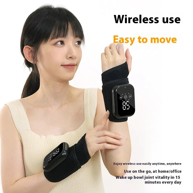 Black electric heating ankle sleeve wrapped around ankle showing elastic construction